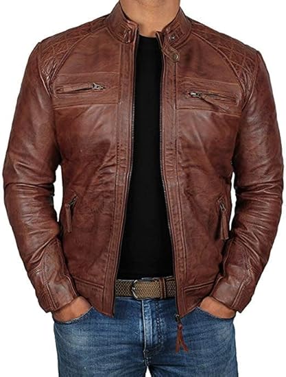 Men's Genuine Leather Jacket – Stylish Biker leather Jacket with Zip Pockets & Lining - Brown