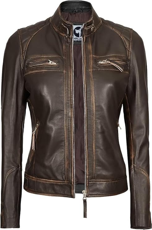 Women Real Lambskin Café Racer Style Causal And Fashion Women's Leather Jacket - Brown Ruboff