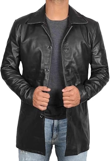 Coats for Men Vintage Style Long Leather Jacket  - Black