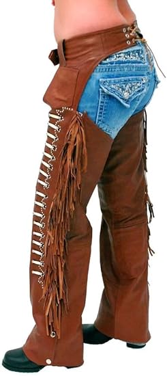 Cowboy Leather Western Leather Fringe Native Handmade Beads Chaps - Brown