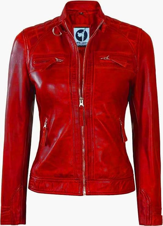 Women Real Lambskin Café Racer Style Causal And Fashion Women's Leather Jacket - Red