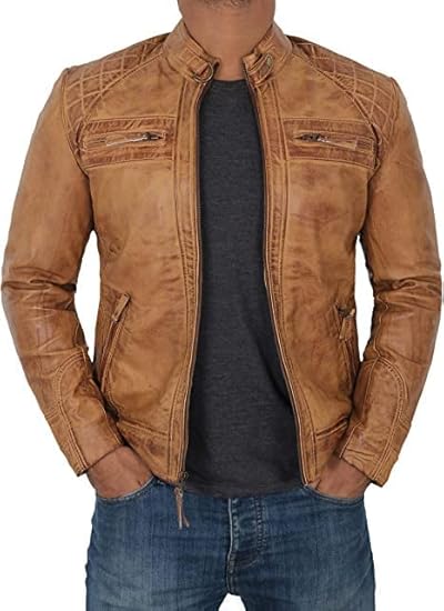 Men's Genuine Leather Jacket – Stylish Biker leather Jacket with Zip Pockets & Lining - Camel Brown