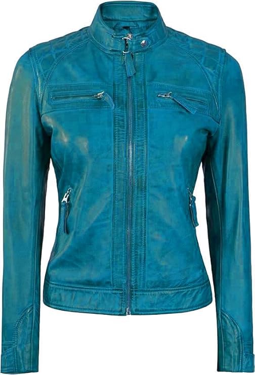 Women Real Lambskin Café Racer Style Causal And Fashion Women's Leather Jacket - Turqoise Blue