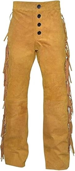 Men's Cowboy Buckskin Suede Leather Western Pant with Fringe - Gold