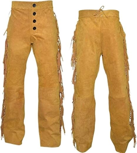 Men's Cowboy Buckskin Suede Leather Western Pant with Fringe - Gold