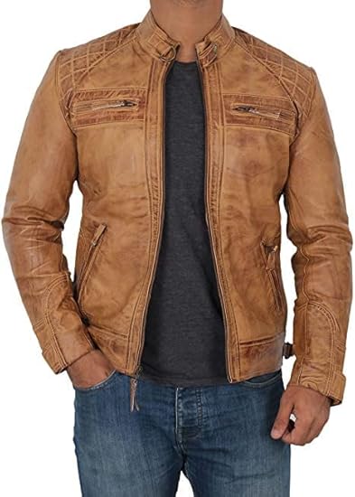 Men's Genuine Leather Jacket – Stylish Biker leather Jacket with Zip Pockets & Lining - Camel Brown