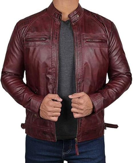 Men's Genuine Leather Jacket – Stylish Biker leather Jacket with Zip Pockets & Lining - Maroon