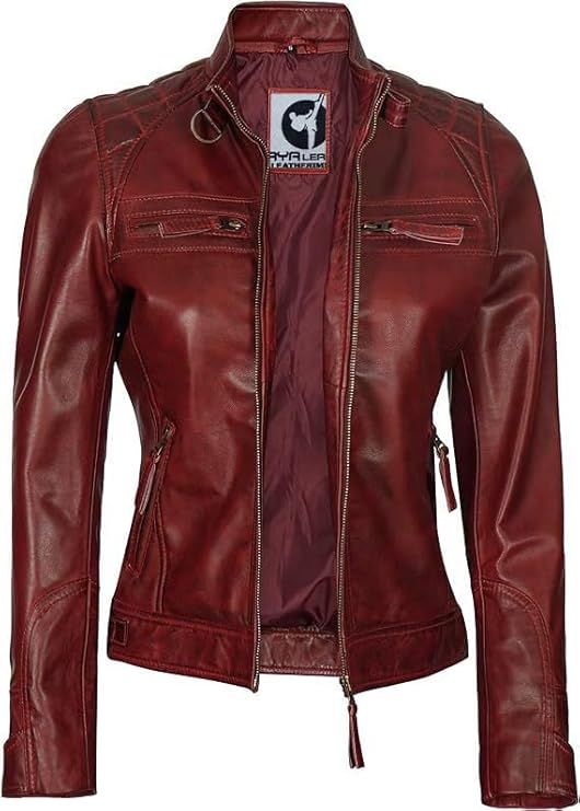 Women Real Lambskin Café Racer Style Causal And Fashion Women's Leather Jacket - Maroon