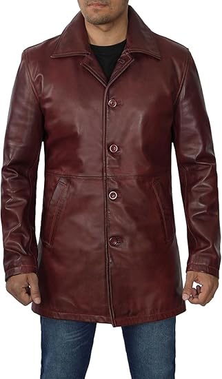 Coats for Men Vintage Style Long Leather Jacket  - Maroon