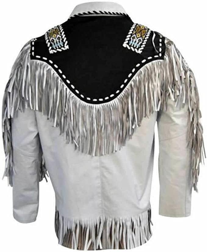 Men's Western Genuine Cowhide Leather Jacket| Traditional Native American Black & White Texture Cowhide Cowboy Coat with Fringe