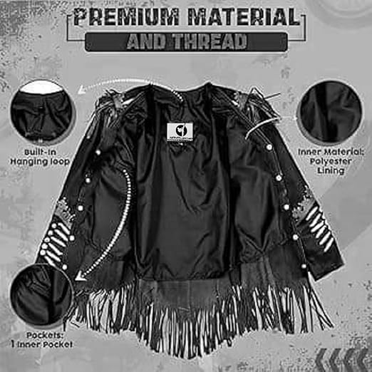 Women's Cowgirl Fashion Stylish Lamb Leather Western Fringed Jacket - Black Gray Texture