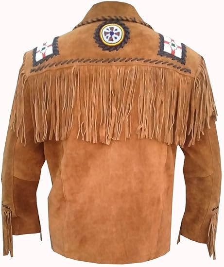 Men's Cowboy Eagle Beads Western Suede Leather Coat Native Fringes Jacket - Brown