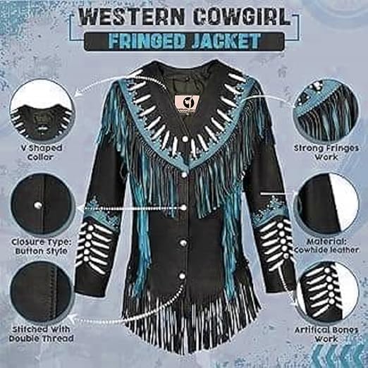 Women's Cowgirl Fashion Stylish Lamb Leather Western Fringed Jacket - Black Turkish Texture