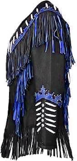 Women's Cowgirl Fashion Stylish Lamb Leather Western Fringed Jacket - Black Blue Texture