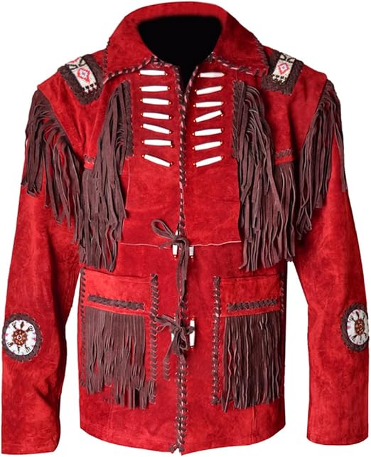 Vintage Cowboy Buckskin Suede Leather Jacket with Fringe/Beads Western Style Quality, Handcrafted Design Suede Jacket Men - Red