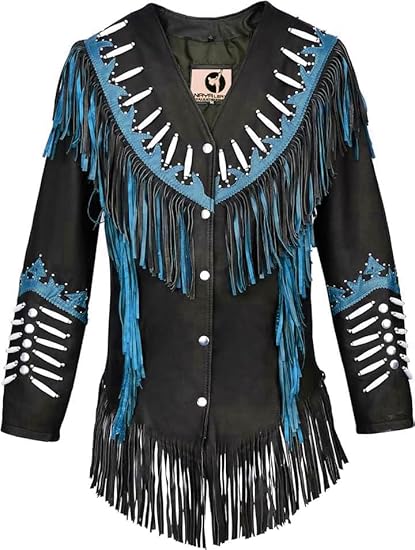 Women's Cowgirl Fashion Stylish Lamb Leather Western Fringed Jacket - Black Turkish Texture