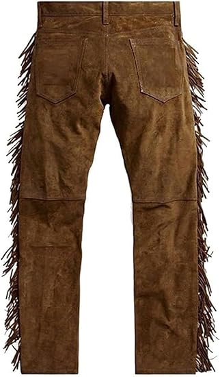 Men's Cowboy Buckskin Suede Leather Western Pant with Fringe - Brown 2