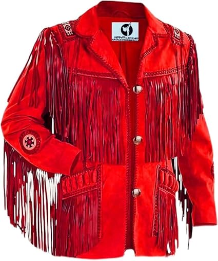 Men's Traditional Cowboy Western Leather Jacket | Native American Suede Coat with Beaded & Fringed - Red