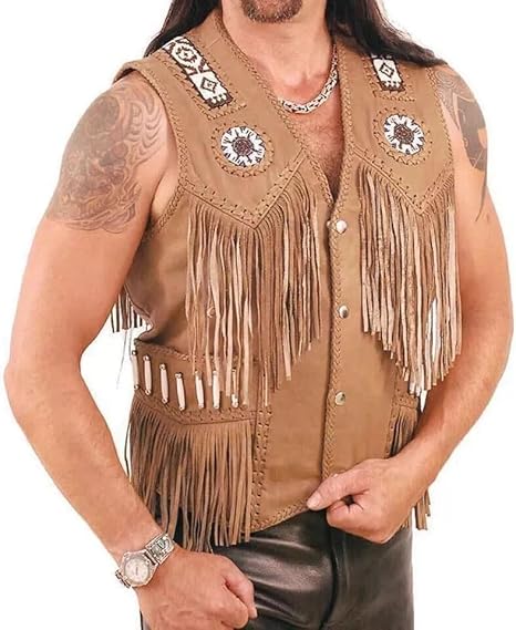 Cowboy Cow Leather Fringed &Native American Western Beaded Vest for Men's - Brown