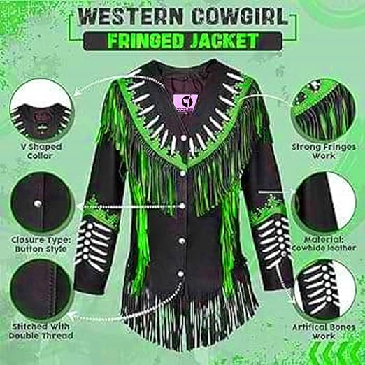 Women's Cowgirl Fashion Stylish Lamb Leather Western Fringed Jacket - Black Green Texture