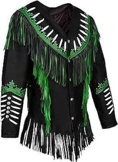 Women's Cowgirl Fashion Stylish Lamb Leather Western Fringed Jacket - Black Green Texture