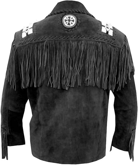 Men's Cowboy Eagle Beads Western Suede Leather Coat Native Fringes Jacket - Black