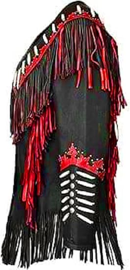 Women's Cowgirl Fashion Stylish Lamb Leather Western Fringed Jacket - Black Red Texture