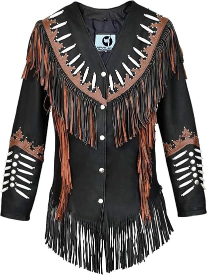 Women's Cowgirl Fashion Stylish Lamb Leather Western Fringed Jacket - Black Brown Texture