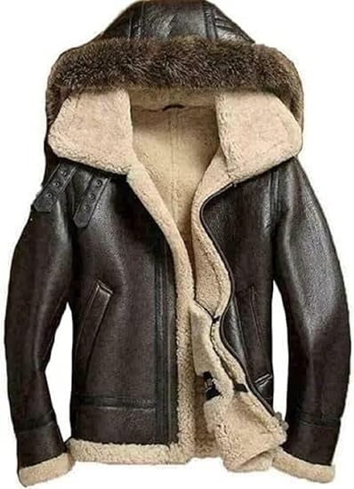 Men's Sheepskin Shearling Detachable Hooded B3 Flight Jacket Raccoon Fur Collar Aviator Coat - Dark Brown