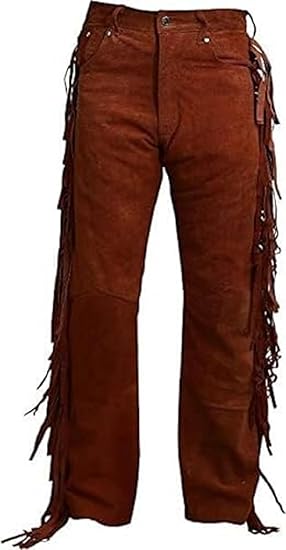 Men's Cowboy Buckskin Suede Leather Western Pant with Fringe - Tan Brown