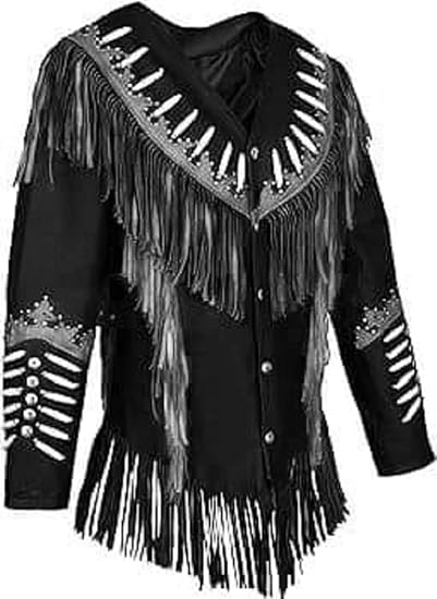 Women's Cowgirl Fashion Stylish Lamb Leather Western Fringed Jacket - Black Beige Texture