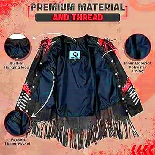 Women's Cowgirl Fashion Stylish Lamb Leather Western Fringed Jacket - Black Red Texture