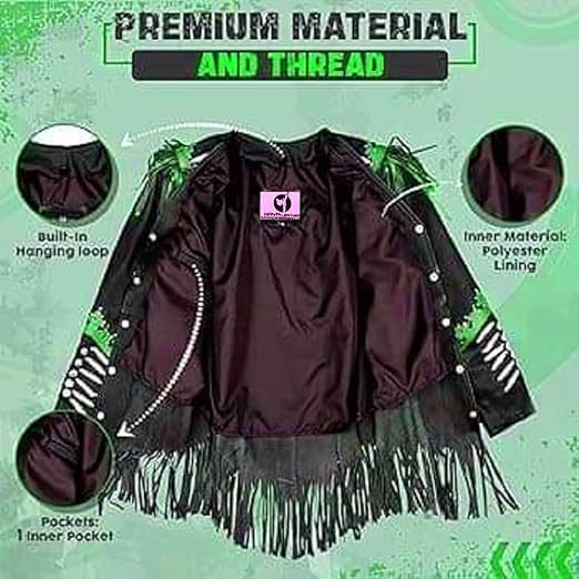 Women's Cowgirl Fashion Stylish Lamb Leather Western Fringed Jacket - Black Green Texture