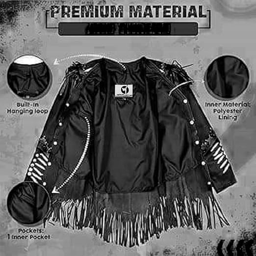 Women's Cowgirl Fashion Stylish Lamb Leather Western Fringed Jacket - Black