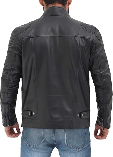 Men's Genuine Leather Jacket – Stylish Biker leather Jacket with Zip Pockets & Lining - Black Vermont