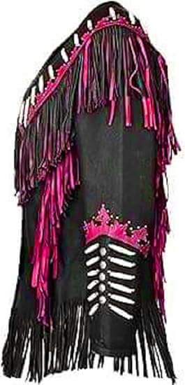 Women's Cowgirl Fashion Stylish Lamb Leather Western Fringed Jacket - Black Maroon Texture