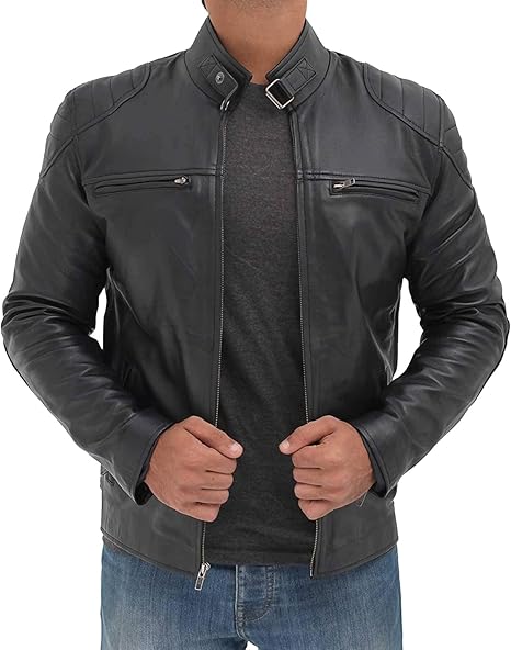 Men's Genuine Leather Jacket – Stylish Biker leather Jacket with Zip Pockets & Lining - Black Vermont