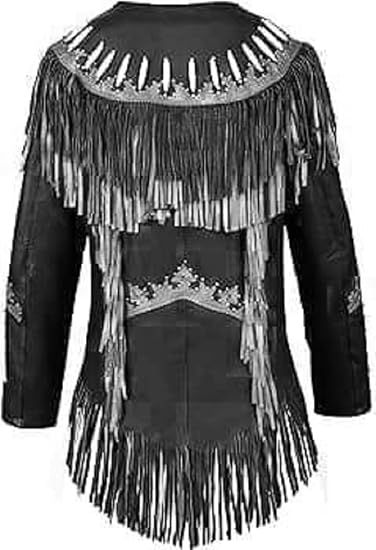 Women's Cowgirl Fashion Stylish Lamb Leather Western Fringed Jacket - Black Beige Texture