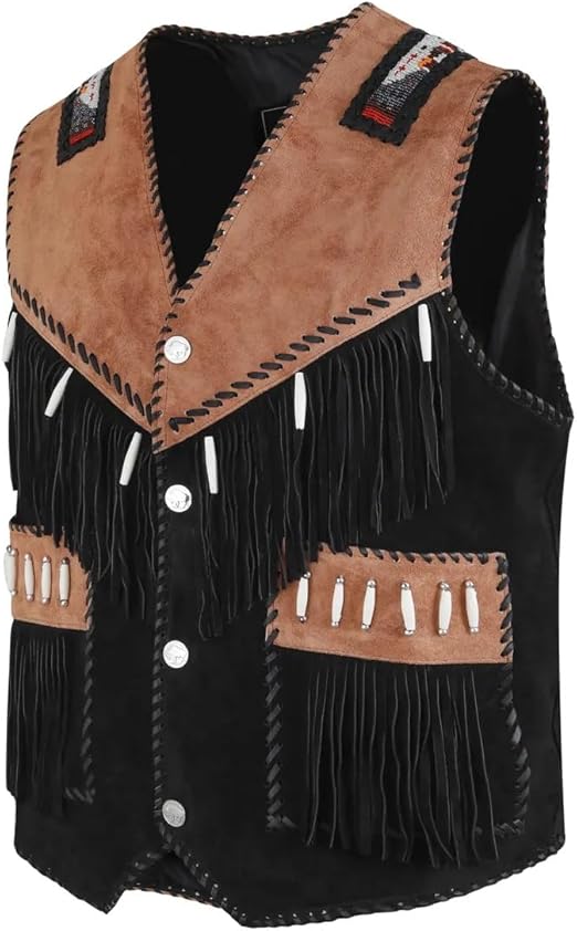 Men's Cowboy Suede Fringed Beaded Vest, Native American Western Style   Black-Brown Texture