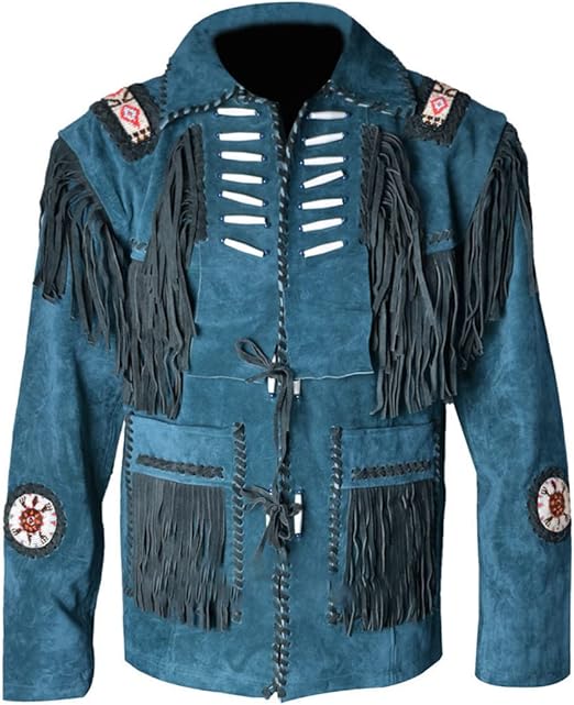 Vintage Cowboy Buckskin Suede Leather Jacket with Fringe/Beads Western Style Quality, Handcrafted Design Suede Jacket Men - Blue