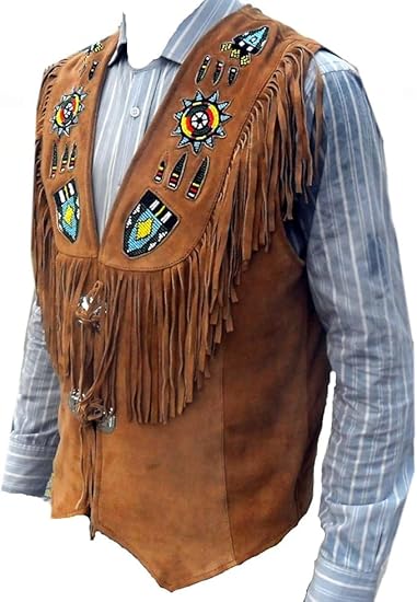 Men's Cowboy Suede Fringed Beaded Vest, Native American Western Style -Brown