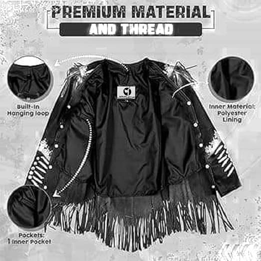 Women's Cowgirl Fashion Stylish Lamb Leather Western Fringed Jacket - Black White Texture