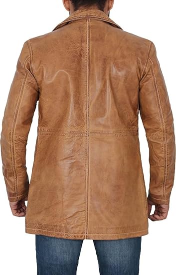 Coats for Men Vintage Style Long Leather Jacket  - Camel Brown