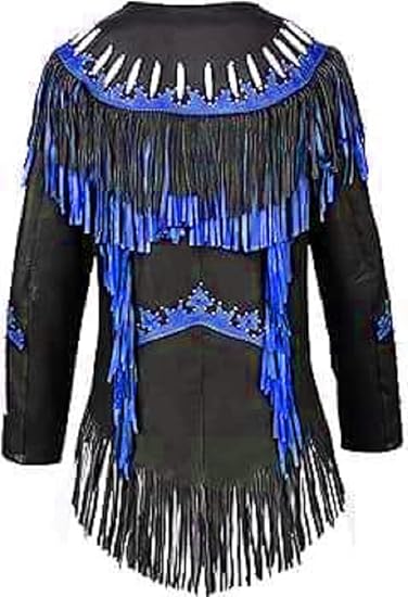 Women's Cowgirl Fashion Stylish Lamb Leather Western Fringed Jacket - Black Blue Texture