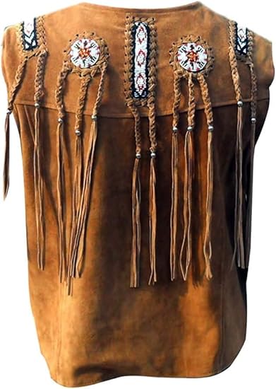 Men's Cowboy Suede Fringed Beaded Vest, Native American Western Style - Camel Brown 2