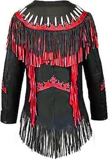 Women's Cowgirl Fashion Stylish Lamb Leather Western Fringed Jacket - Black Red Texture