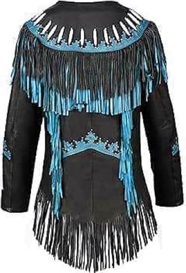 Women's Cowgirl Fashion Stylish Lamb Leather Western Fringed Jacket - Black Turkish Texture