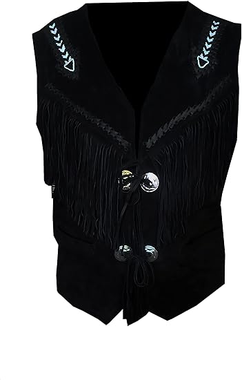 Men's Cowboy Buckskin Suede Western Vests Native Fringes And Handmade Beads Work - Black