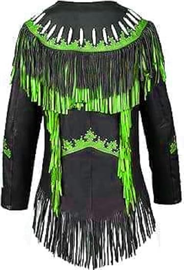 Women's Cowgirl Fashion Stylish Lamb Leather Western Fringed Jacket - Black Green Texture