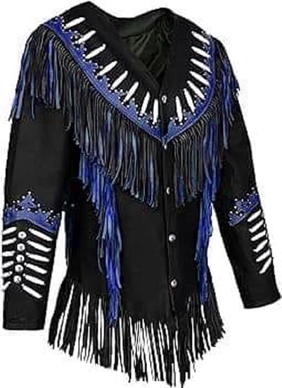 Women's Cowgirl Fashion Stylish Lamb Leather Western Fringed Jacket - Black Blue Texture